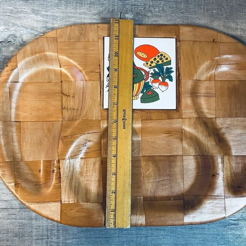 Vintage MCM Parquet Wood Charcuterie Board Divided Tray Tile Inlay 18